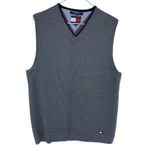 Gray Vintage Tommy Hilfiger Knit V-Neck Sweater Vest Medium 90s‎ Cotton Big Flag